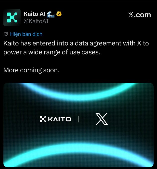 The image shows a tweet from @KaitoAI announcing a new data agreement with X.com to power various use cases, with promises of more to come. The accompanying post expresses cautious optimism about this being the third time positive Kaito news has emerged, noting the previous two attempts failed, while hoping for success this time around.