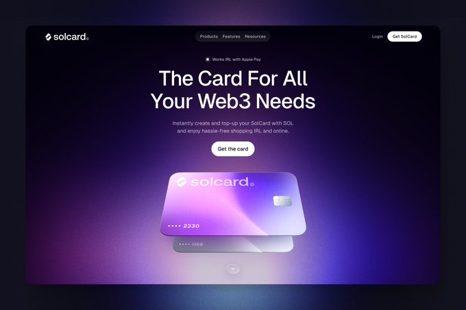 A promotional website screenshot for SolCard, described as "The Card For All Your Web3 Needs," featuring a purple gradient card design with the tagline "Works IRL with Apple Pay."