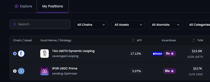 The image presents a table with data about cryptocurrency trading positions, specifically those related to TAU cbETH Dynamic Looping (Tau Dynamic Looping). The table is divided into two sections: one section contains text providing information on the TAU Dynamic Looping strategy and its potential benefits, while another section shows the current position of this strategy. 

In addition to the TAU dynamic looping strategy, there are a few other positions visible in the image that could be relevant for cryptocurrency trading or investing purposes. These include "TAU Optimistic" and various descriptions of these positions being either profitable or not based on the data provided. The image also includes text that states what is inside the vaults: "Opened my second position on @ipor_io." This means a user has accessed their second position on the trading platform, possibly to explore a TAU dynamic looping strategy further.