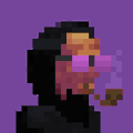 Pixel art style image showing a character with purple-tinted sunglasses smoking a cigar against a purple background.
