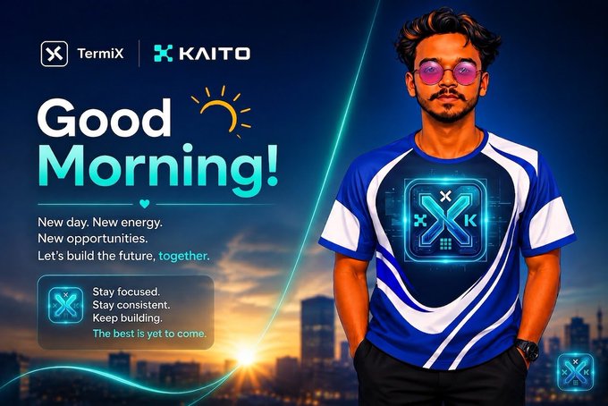 A promotional graphic featuring a man in a blue and white t-shirt with an 'X' logo, with text reading 'TermiX | KAITO', 'Good Morning!', 'New day. New energy. New opportunities. Let's build the future, together.', and 'Stay focused. Stay consistent. Keep building. The best is yet to come.'