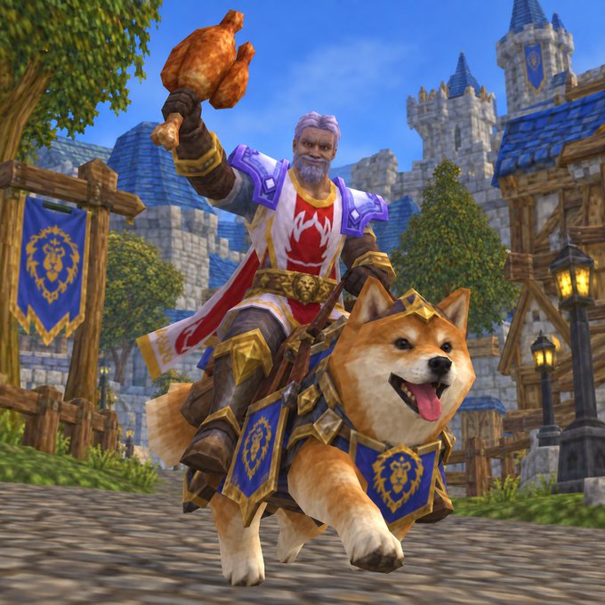 A knight in Alliance armor triumphantly hoists a roasted turkey while riding a golden Shiba Inu adorned with lion banners, evoking the iconic "Leeeeroy Jenkins" battle cry from World of Warcraft. The image humorously ties into the $LEEROY memecoin post, capturing the spirit of charging headfirst into chaos with no plan—just vibes and profit.