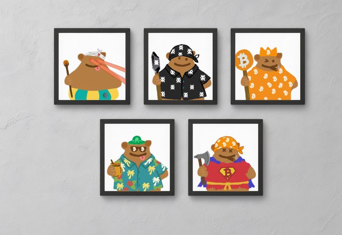 Five framed cartoon illustrations of hippo characters dressed as a pirate, hacker, Bitcoin king, tourist, and superhero, arranged on a white wall.
