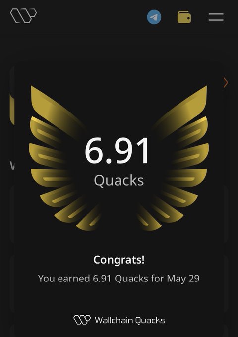 In this image, a screen displays an app that shows the user's score from a game or challenge they have completed. The app indicates that the user has earned six out of nine quacks (a type of bird) for their accomplishment. They also receive recognition in the form of a heart and congratulations displayed on the screen. The background color is black, with a gold logo for Wallchain Quacks, indicating this is an app related to the company's services or products.