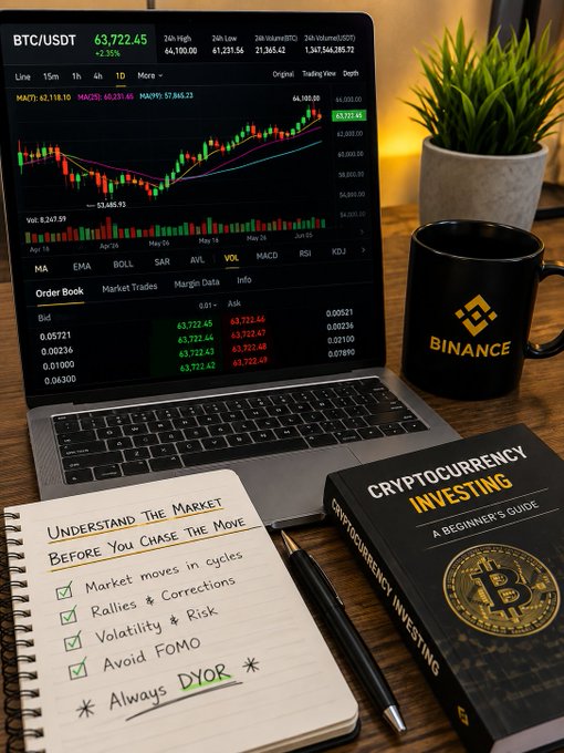 A cryptocurrency trading setup featuring a laptop displaying a BTC/USDT candlestick chart at $63,722.45, alongside a Binance mug, a notebook listing investing tips like 'Understand the Market Before You Chase the Move' and 'Avoid FOMO', and a 'Cryptocurrency Investing: A Beginner's Guide' book.