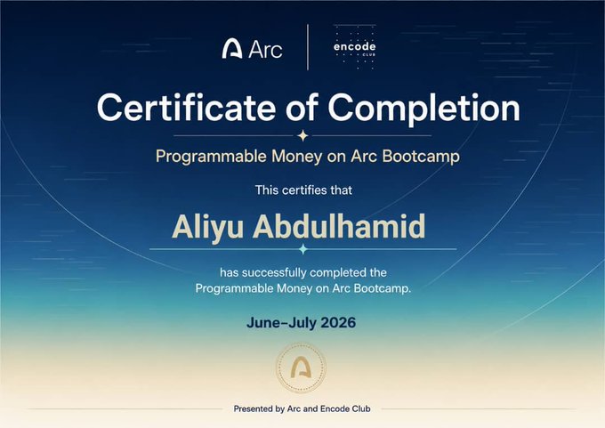A 'Certificate of Completion' from Arc and Encode Club for the 'Programmable Money on Arc Bootcamp' awarded to Aliyu Abdulhamid for June-July 2026.