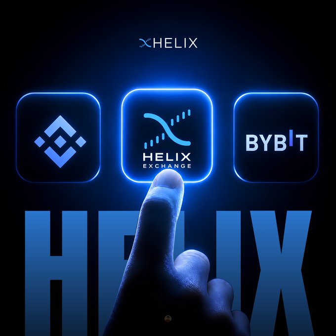 A promotional graphic for HELIX featuring three glowing app icons including the Helix Exchange logo in the center, with a finger reaching up to touch it.