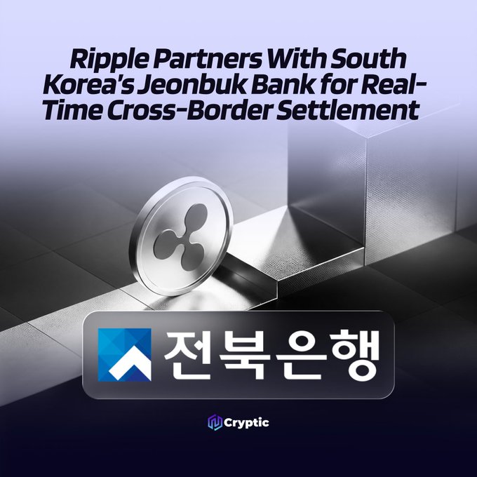 A promotional graphic featuring the headline "Ripple Partners With South Korea's Jeonbuk Bank for Real-Time Cross-Border Settlement," showcasing a Ripple (XRP) coin alongside the Jeonbuk Bank logo (전북은행), with the "Cryptic" watermark, visually announcing Ripple's landmark partnership with the first South Korean regional bank to deploy Ripple Payments for near-real-time, 24/7 international remittances.