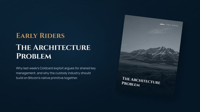A dark blue promotional graphic for 'Early Riders' titled 'The Architecture Problem' argues that 'last week's Coldcard exploit argues for shared key management, and why the custody industry should build on Bitcoin's native primitive together.'