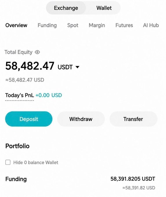 Cryptocurrency exchange wallet overview showing Total Equity of 58,482.47 USDT with Deposit, Withdraw, and Transfer options.