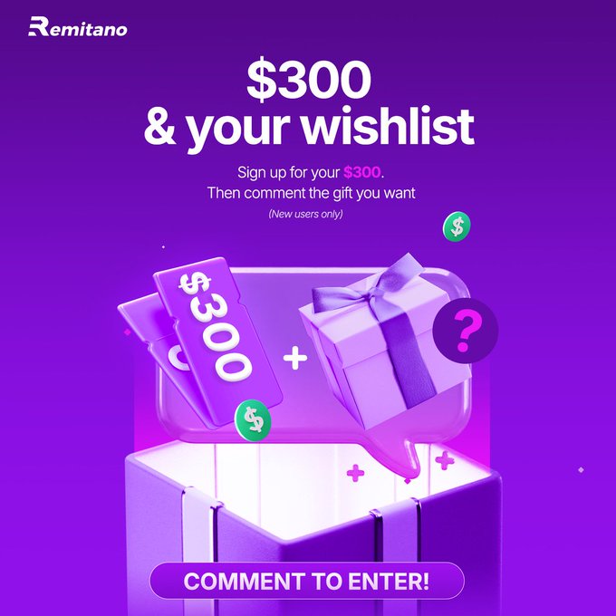 Remitano promotional graphic offering '$300 & your wishlist' for new user sign-ups, featuring a 3D purple gift box and gift card with 'COMMENT TO ENTER!' at the bottom.