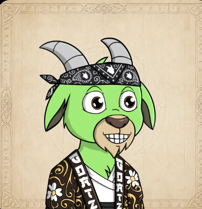 A cartoon green goat character with horns wears a black bandana and ornate floral jacket against a parchment background decorated with runic border designs.