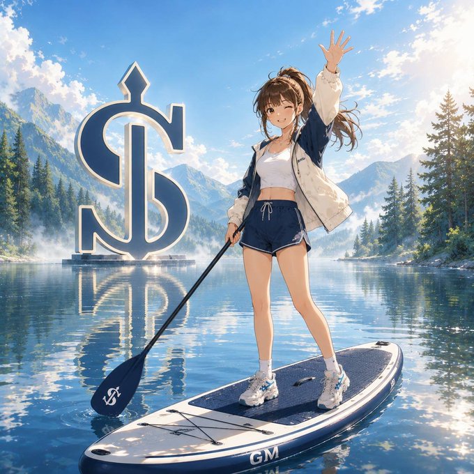 An anime-style illustration of a girl in athletic wear paddleboarding on a calm lake, waving happily, with a large Seattle Mariners 'S' logo in the background.