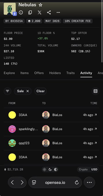 A mobile screenshot of the OpenSea platform shows the 'Nebulas' NFT collection with a floor price of $2.99, 10% creator fee, and recent sale activity featuring transactions involving '33AA', 'BiaLos', 'sparkingly...', and 'qqq123'.