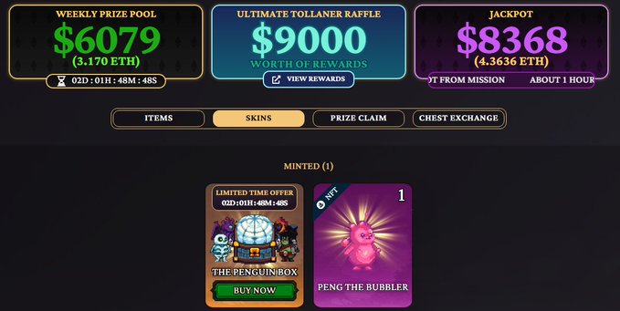 A digital rewards page showing a Weekly Prize Pool of $6079 (3.170 ETH), Ultimate Tollanex Raffle of $9000, and Jackpot of $8368 (4.3636 ETH), with a 'The Penguin Box' available for purchase and 'Peng the Bubbler' NFT displayed below.