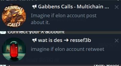 The image shows two X (Twitter) notifications from crypto accounts "Gabbens Calls" and "wat is des → resee3b," both joking about the same thing: imagining if the hacked X account belonged to Elon Musk, with one suggesting he "post about it" and the other suggesting he "retweet" it. The caption humorously highlights how the user received these nearly identical messages in their notifications about the newly created/hacked X account.