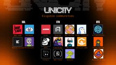 A promotional image for 'UNICITY' featuring a grid of various project logos and cryptocurrency icons displayed against a dark background.