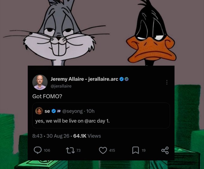 The image shows Bugs Bunny and Daffy Duck looking unimpressed, with a screenshot of a tweet from Jeremy Allaire (@jerallaire) on Arc asking "Got FOMO?" in response to @seyong confirming a launch on Arc day 1—satirizing how executives hustle to capitalize on emerging chains, embodying the "memefication of every corpo chain" and the need to "adapt or be forgotten."
