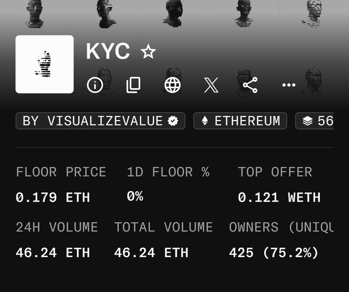 A profile page for the KYC NFT collection on Ethereum, showing a floor price of 0.179 ETH, 24-hour volume of 46.24 ETH, and 425 unique owners (75.2%).