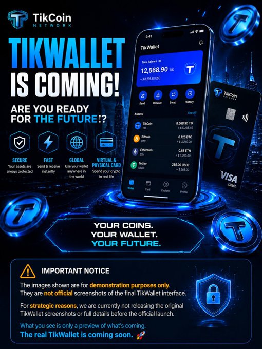 A promotional teaser for the upcoming "TikWallet" by TikCoin Network, displaying a mockup of a smartphone crypto wallet app showing a total balance of 12,568.90 TIK alongside a Visa debit card, with feature icons highlighting security, fast transactions, global access, and a virtual/physical card option. The image reinforces the accompanying post's warning about scammers targeting the community ahead of the wallet's official launch, emphasizing that the visuals are demonstration-only previews.