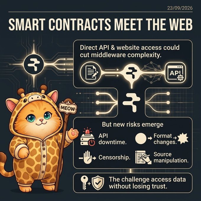 An infographic titled 'SMART CONTRACTS MEET THE WEB' dated 23/09/2026, featuring a cartoon cat in a giraffe suit holding a 'MEOW' sign, discussing how direct API access could cut middleware complexity but introduces risks like API downtime, format changes, censorship, and source manipulation.
