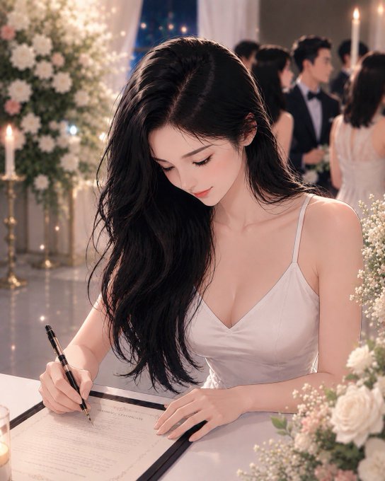 A young woman in a white dress signs a document at an elegant, candlelit event with floral arrangements, surrounded by other formally dressed guests in the background. The scene reflects the post's theme of "Pay X" being near, where her diligent daily writing has brought valuable relationships and opportunities.