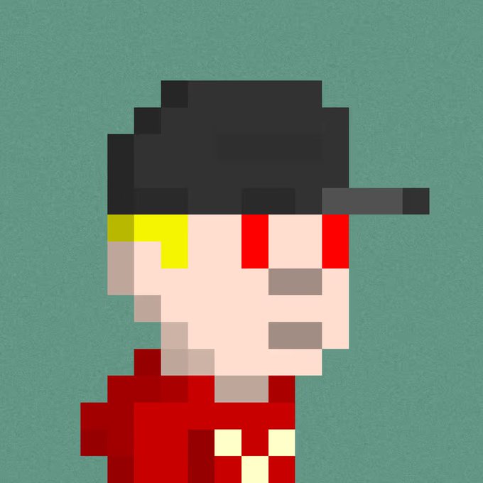 A pixel art portrait of a character with blonde hair, wearing a black backwards baseball cap and a red shirt, set against a solid teal background.