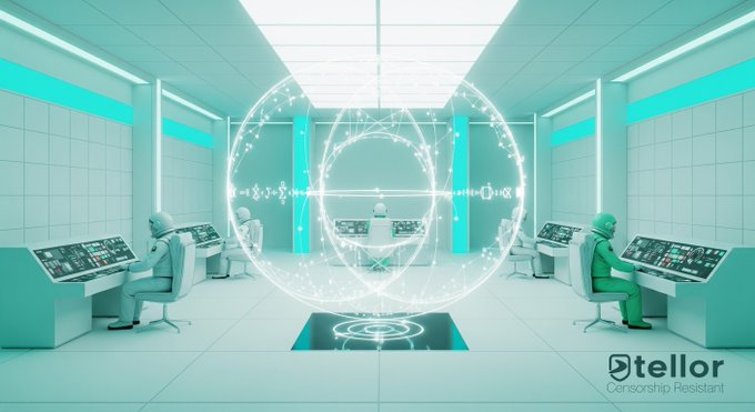 A futuristic cyan-lit control room features humanoid figures at computer consoles surrounding a glowing holographic sphere, with the "Tellor Censorship Resistant" logo in the corner—visually representing the post's message that Tellor's cryptoeconomic incentives create an open, decentralized system where anyone holding TRB can participate in requesting, reporting, disputing, and voting on data without needing gatekeepers or approvals.