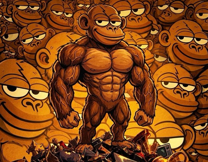 An illustration of a muscular brown gorilla standing among debris, surrounded by multiple faces of a monkey with a sly grin.