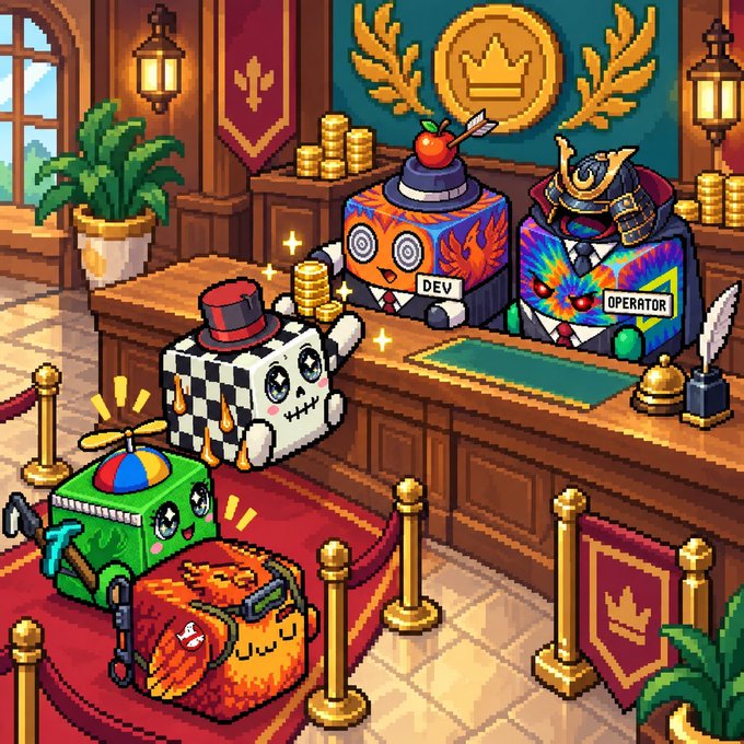 Pixel art scene showing cute cube characters at a bank counter, with labeled boxes 'DEV' (with an apple and arrow) and 'OPERATOR' (wearing a samurai helmet), while a crying dice cube, a propeller-headed robot, and a suitcase character wait in line.