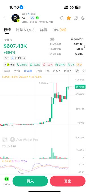A cryptocurrency trading app screenshot showing the KOLI token (Oxdb...1616) surging +864% to a market cap of $607.43K.