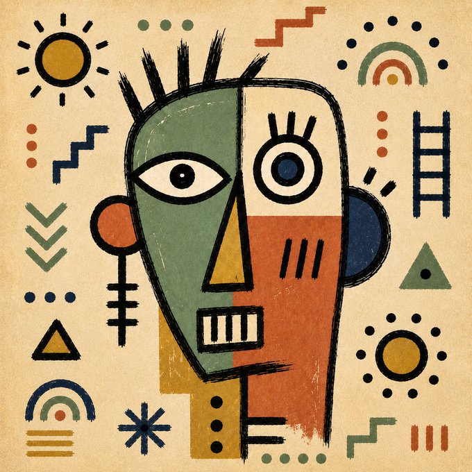 A stylized abstract face with mismatched eyes, geometric features, and a mohawk-like crown is surrounded by tribal symbols—sun, arrows, triangles, and dots—on a textured tan background. The fragmented, watchful gaze mirrors the post's "one eye on chaos, one eye on the crowd" caption, embodying the decoding, artcoin spirit of $ZIGO.