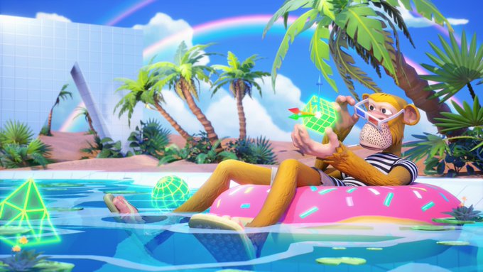 3D rendered scene of a monkey wearing sunglasses lounging on a pink donut pool float in a pool, holding a green geometric shape, with palm trees and a rainbow in the background.