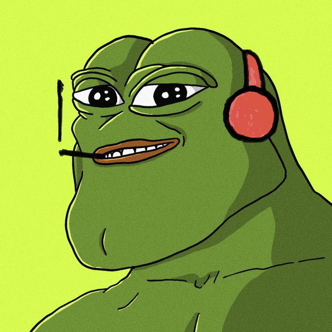A cartoon illustration of the green Pepe the Frog character with half-lidded eyes, smoking a cigarette in his mouth and wearing red headphones against a lime green background.