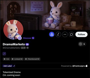 A Twitter/X profile page for DramaMarkets (@DramaMarkets) featuring a rabbit mascot holding popcorn, with 'Tokenized Drama CA: coming soon' listed and a 'Discover' label.