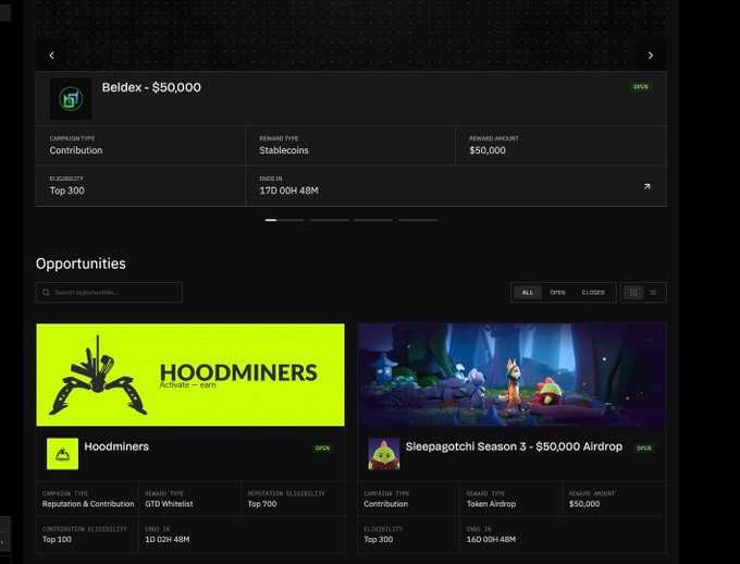 A Beldex airdrop opportunities page displaying two campaigns: "Hoodminers" (Reputation & Contribution, $50,000) and "Sleepagotchi Season 3 - $50,000 Airdrop" (Contribution), with eligibility criteria and end times shown.