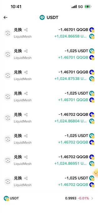 A cryptocurrency exchange app screen showing repeated USDT/QQQB swap transactions on LiquidMesh, with conversions of approximately 1.467 QQQB to USDT and vice versa, and a current USDT rate of 0.9993 (-0.01%).