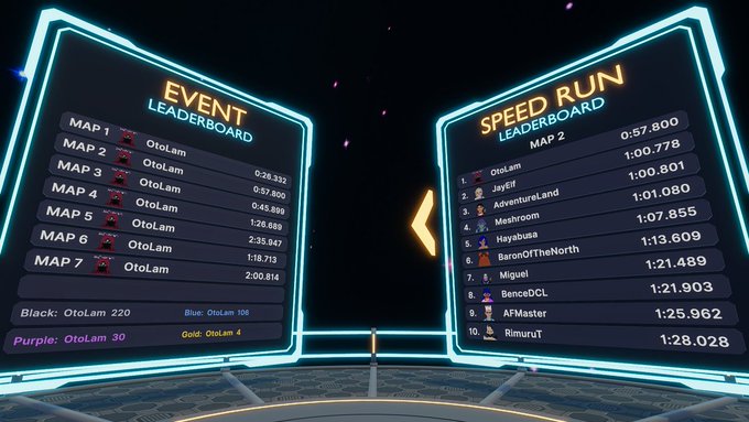 A virtual reality leaderboard displays an 'EVENT LEADERBOARD' showing 'OtoLam' as the winner of all 7 maps with various times, alongside a 'SPEED RUN LEADERBOARD' for Map 2 listing multiple players and their completion times.