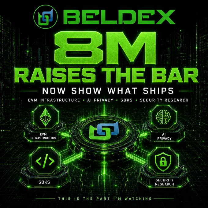 A green and black promotional graphic for Beldex featuring the Beldex logo at the top, with bold text announcing 'BELDEX 8M RAISES THE BAR — NOW SHOW WHAT SHIPS' and four focus areas displayed in hexagonal icons: EVM INFRASTRUCTURE, AI PRIVACY, SDKS, and SECURITY RESEARCH, ending with the tagline 'THIS IS THE PART I'M WATCHING'.