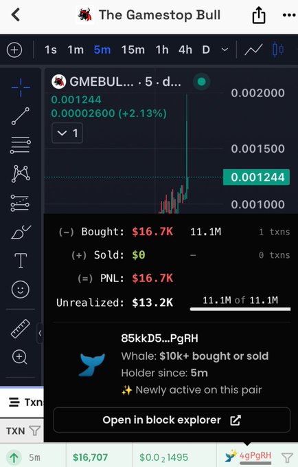 The image shows a 5-minute TradingView chart of the $GMEBULL token trading at 0.001244 with +2.13% gains, featuring a transaction log displaying wallet "85kkD5…PgRH" that bought $16.7K worth (11.1M tokens) as a newly active whale with $13.2K in unrealized gains. This directly supports the post's claim about a major wallet (likely ANSEM's, per the post) making a $16K+ buy that helped push the token to a 2 million market cap.