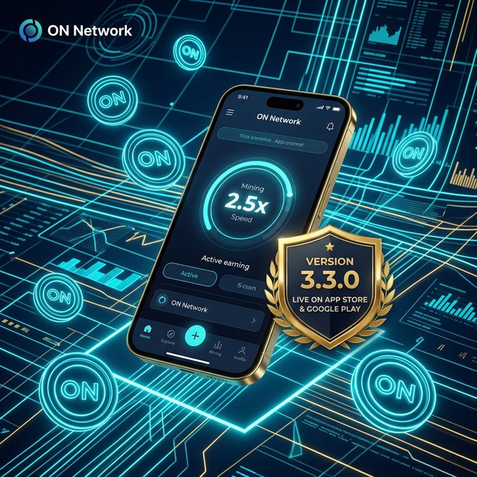 A smartphone displays the ON Network app featuring a "Mining 2.5x Speed" dashboard, accompanied by a gold shield badge announcing "VERSION 3.3.0 LIVE ON APP STORE & GOOGLE PLAY," visually promoting the platform's latest update and accelerated mining capabilities referenced in the post.