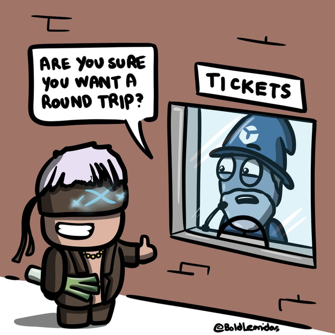 A cartoon by @BoldLemidos shows a person at a ticket counter where a worker asks 'Are you sure you want a round trip?'