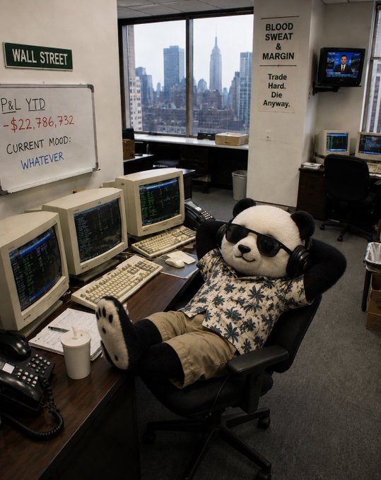 A panda character wearing sunglasses, headphones, and a Hawaiian shirt lounges with feet on a desk in a Wall Street office, where a whiteboard displays 'P&L YTD -$22,786,732' and 'CURRENT MOOD: WHATEVER.'