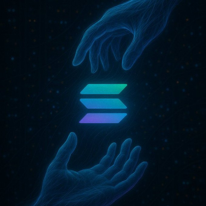 Two glowing hands cradle the Solana (SOL) logo against a starry background, symbolizing the giveaway of $SOL tokens being offered to 500 participants in the post.