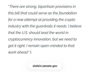 The image displays a quote attributed to slotkin.senate.gov discussing bipartisan provisions in a bill aimed at regulating cryptocurrency, emphasizing the U.S. should lead in crypto innovation with proper guardrails. This relates to the accompanying post about Senator Elissa Slotkin advocating for crypto regulation and the continued advancement of the CLARITY Act.