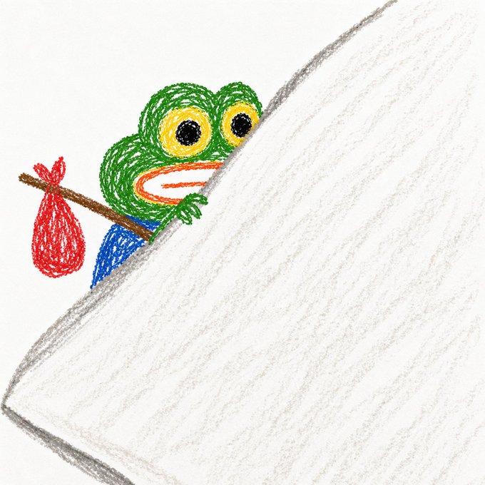 A child's crayon drawing of a green frog-like character holding a red bindle stick, peeking out from behind a large gray shape.