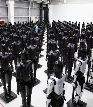 The image shows a large group of black and white robot figures standing next to each other, with some people walking around them. The robots are arranged in rows, creating an impressive display. The caption above the image reads "Focus on what is in the image and how it relates to the post". This suggests that the image might be related to a discussion or presentation about the impact of artificial intelligence (AI) on society and the economy.