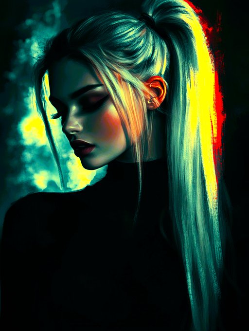 A profile portrait of a woman with a high ponytail and long flowing hair, painted in dramatic teal, yellow, and red tones, evokes the "Blue shadows" moody aesthetic as the artwork celebrates its final edition being sold to collector @JTess84.
