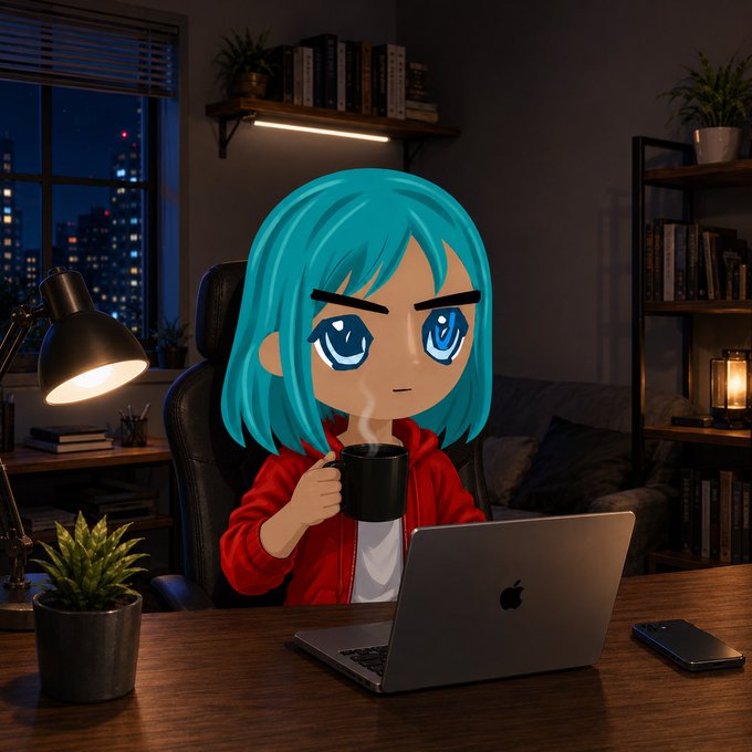A stylized digital artwork shows an anime-style character with turquoise hair and large blue eyes sitting at a wooden desk, holding a black mug and working on a laptop in a cozy, dimly lit room.