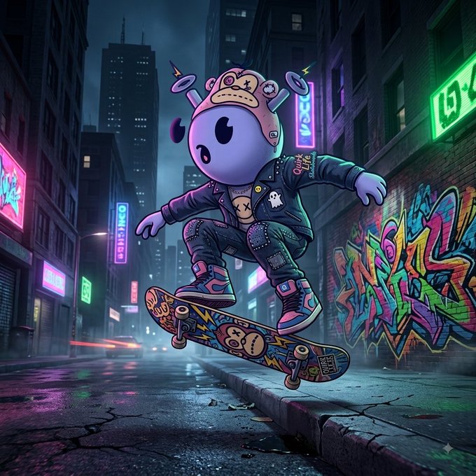 Digital art of a purple cartoon character wearing a monkey hat and leather jacket skateboarding in a neon-lit urban alleyway with colorful graffiti.